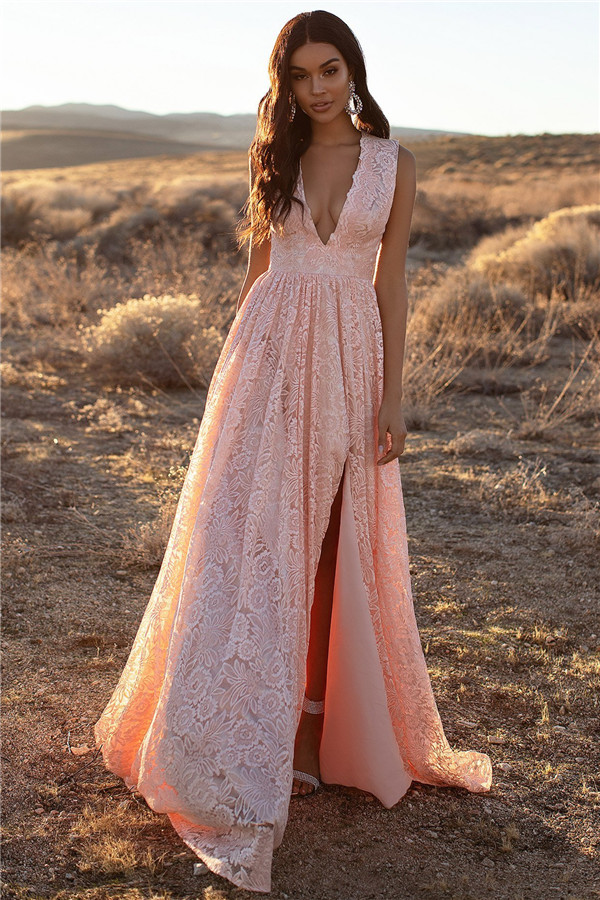Pink Straps V-Neck Lace Side-Slit A-Line Evening Dresses-newarrivaldress