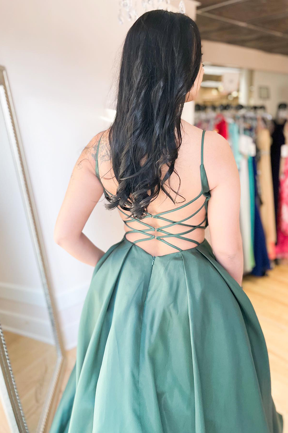 Spaghetti Straps Satin Evening Dress Cross Back Sleeveless Long Aline Dress-newarrivaldress