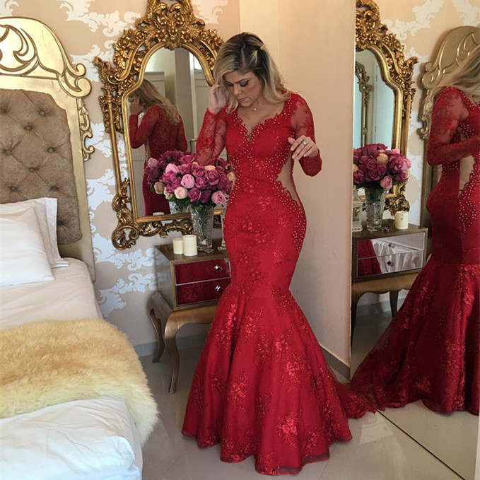Elegant Long Sleeve Red Evening Dress Lace Beads Mermaid Party Dress-newarrivaldress