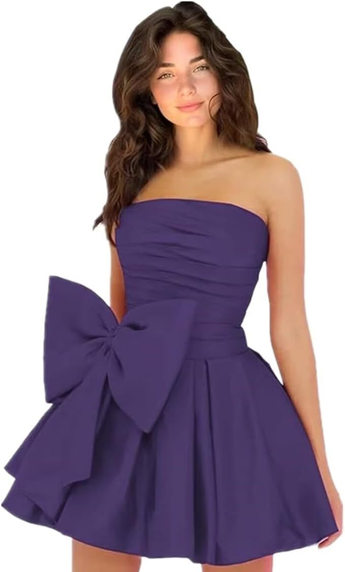 Simple Strapless Ruffle Satin Short Homecoming Dress Sleeveless Mini Party Dress with Bow-newarrivaldress