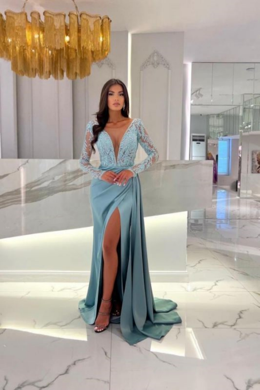Charming V-Neck Satin Long Mermaid Prom Dress Long Sleeves Lace Side Split Evening Dresses-newarrivaldress