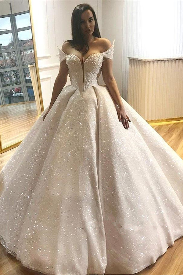 Glamorous Off-the-Shoulder Beading Wedding Dresses | 2021 Sequins Ball Gown Bridal Gowns-newarrivaldress