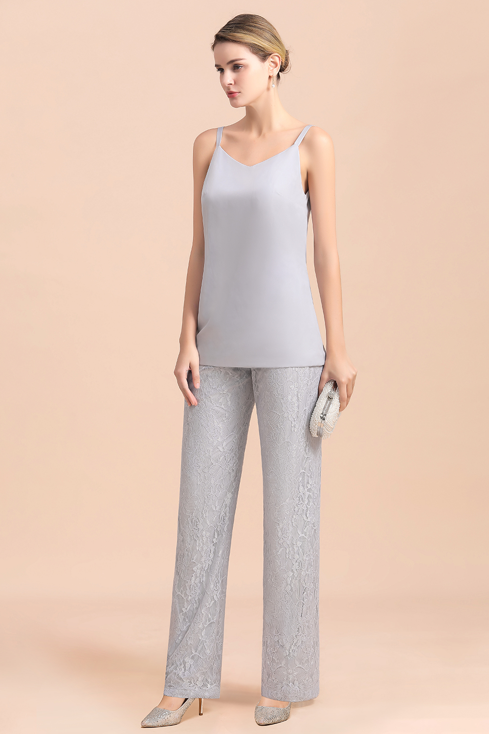 Silver Mother of Bride Pant Suits with Jacket Lace Appliques Wedding Guest Wear Outfits-newarrivaldress