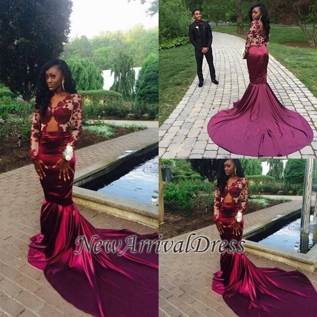 Long-Sleeve Lace Sexy Sweep-Train Velvet Mermaid Prom Dress-newarrivaldress