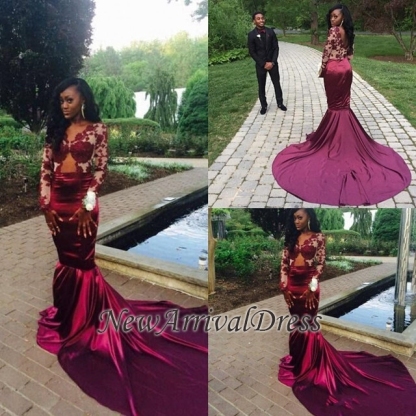 Long-Sleeve Lace Sexy Sweep-Train Velvet Mermaid Prom Dress-newarrivaldress