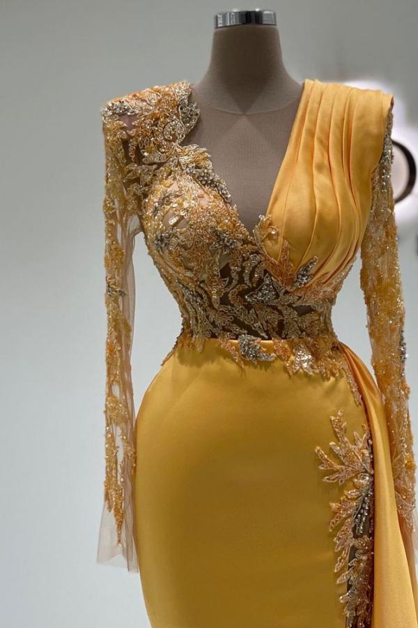 Gorgeous Yellow Satin Mermaid Prom Dress with Sleeves Appliques Side Slit Evening Dress-newarrivaldress