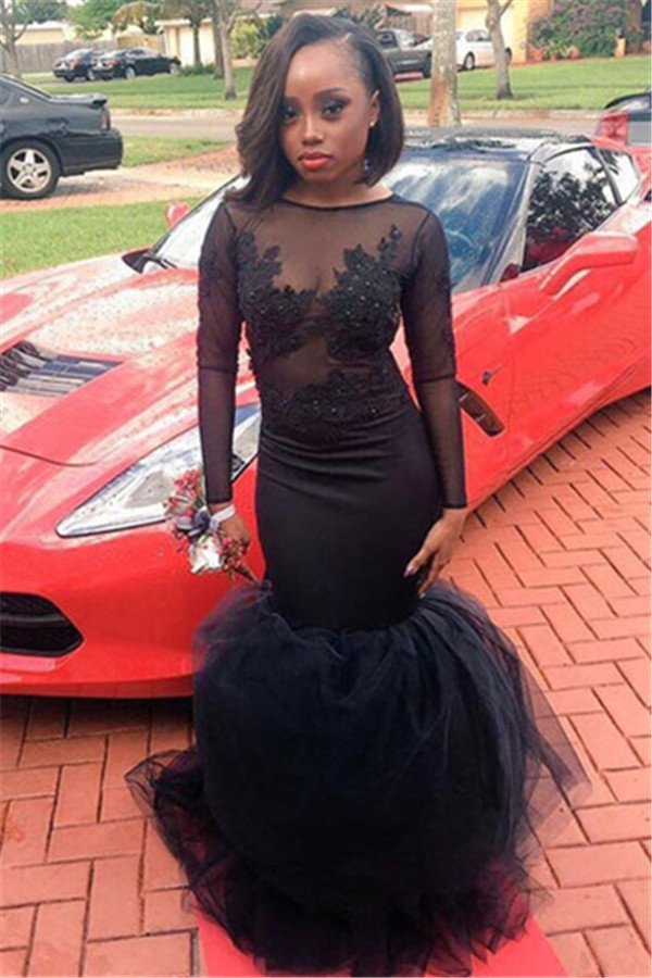 Illusion Long-Sleeve Mermaid Lace Black Appliques Sheath Sexy Tulle Prom Dress-newarrivaldress