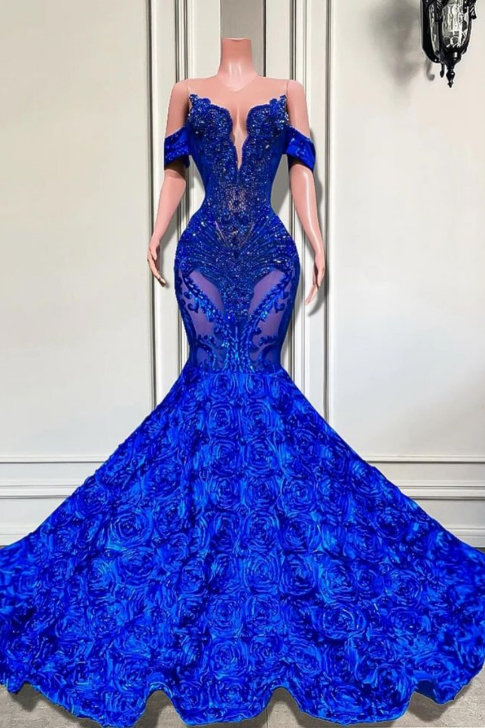 Charming Off-the-Shoulder Royal Blue Crystals Mermaid Prom Dress with Beadings-newarrivaldress