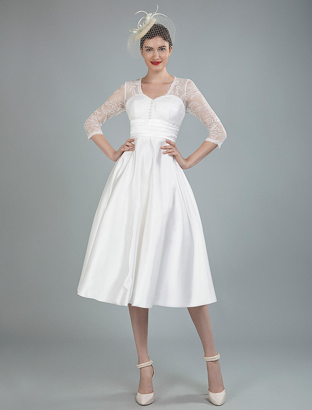 Short Wedding Dresses V Neck 3/4 Length Sleeves A Line Tea Length Traditional Bridal Dresses-newarrivaldress