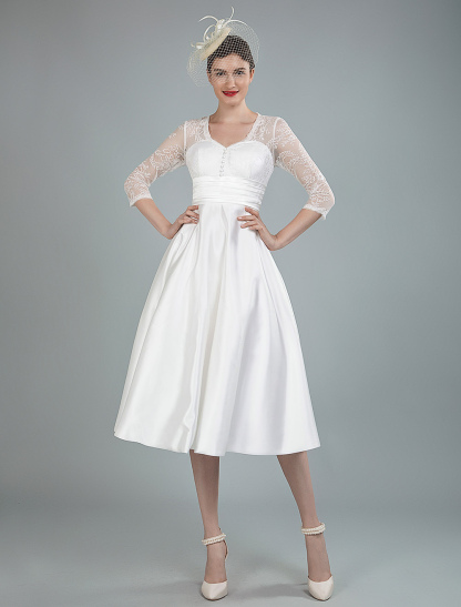 Short Wedding Dresses V Neck 3/4 Length Sleeves A Line Tea Length Traditional Bridal Dresses-newarrivaldress