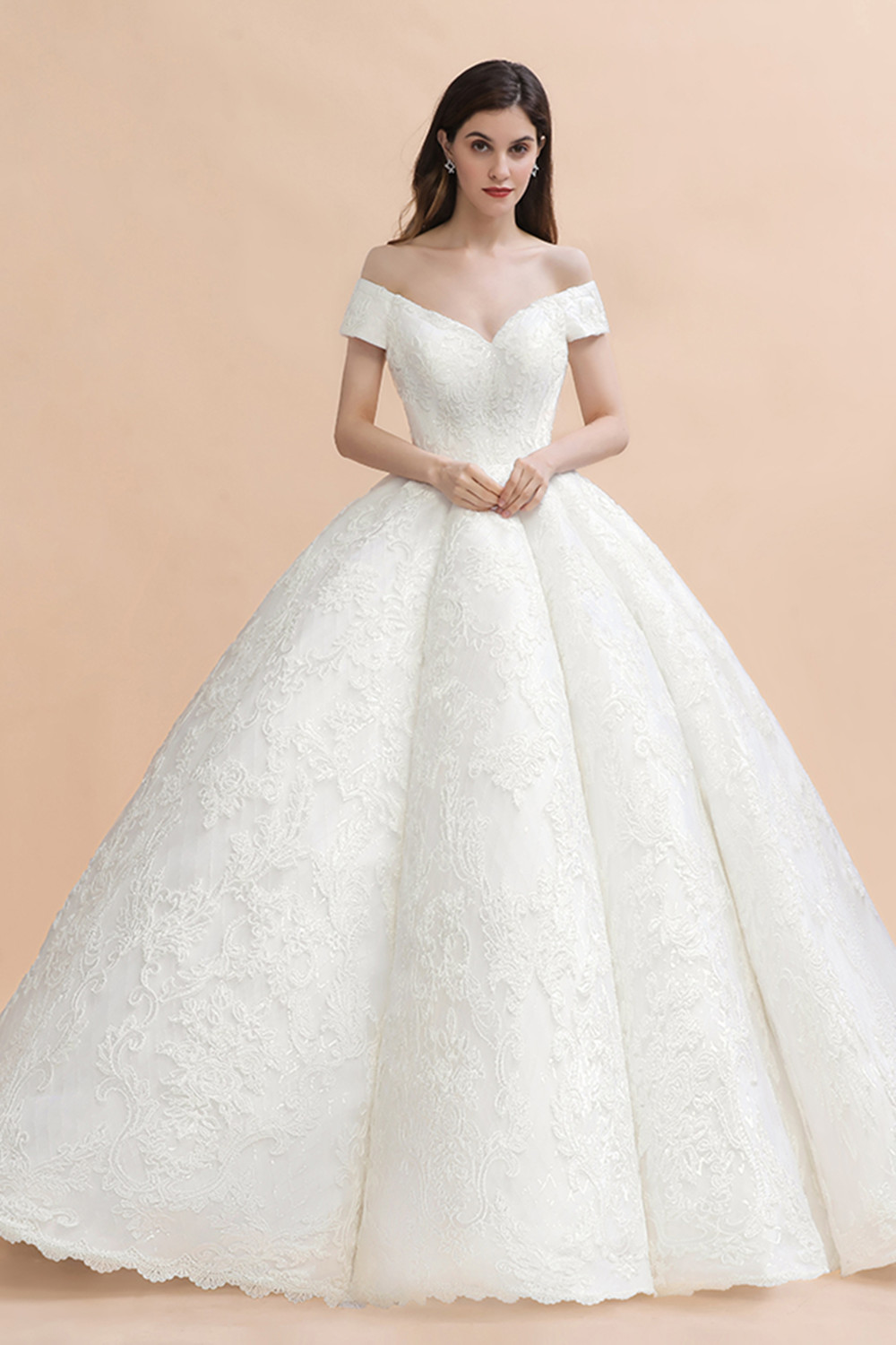 Charming Off-the-Shoulder Appliques Ball Gown Backless Sweep Train-newarrivaldress