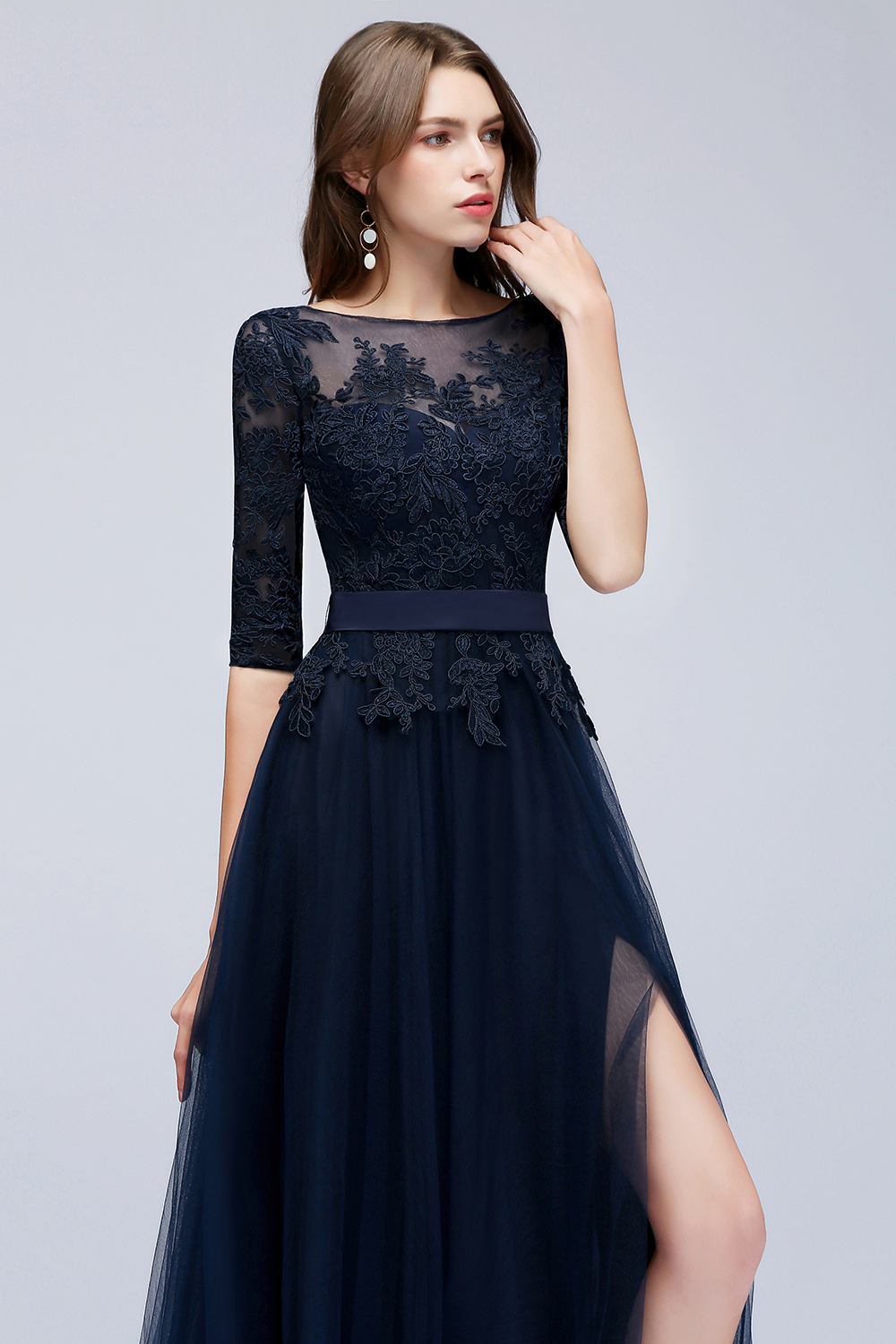 NANA | A-line Half Sleeves Floor Length Slit Appliqued Tulle Prom Dresses with Sash-newarrivaldress
