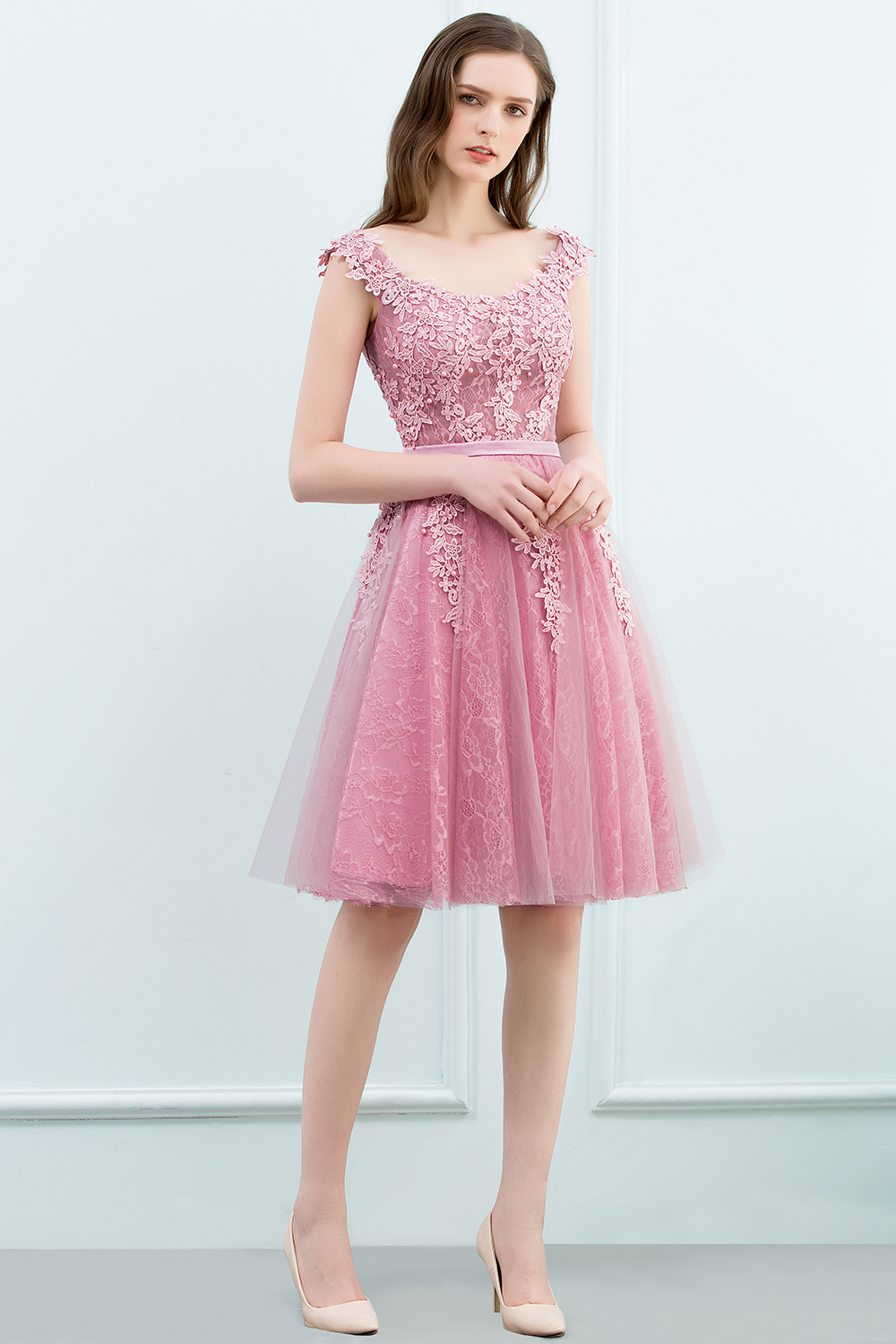 WILMA | Ball Gown Illusion Neckline Tea Length Lace Tulle Dusty Pink Prom Dresses with Beading-newarrivaldress