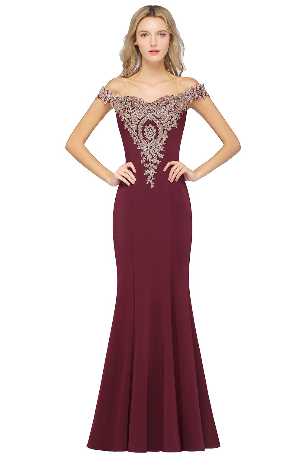 Off-the-shoulder Burgundy Evening Dress with Gold Lace Appliques Floor Length Formal Dress-newarrivaldress