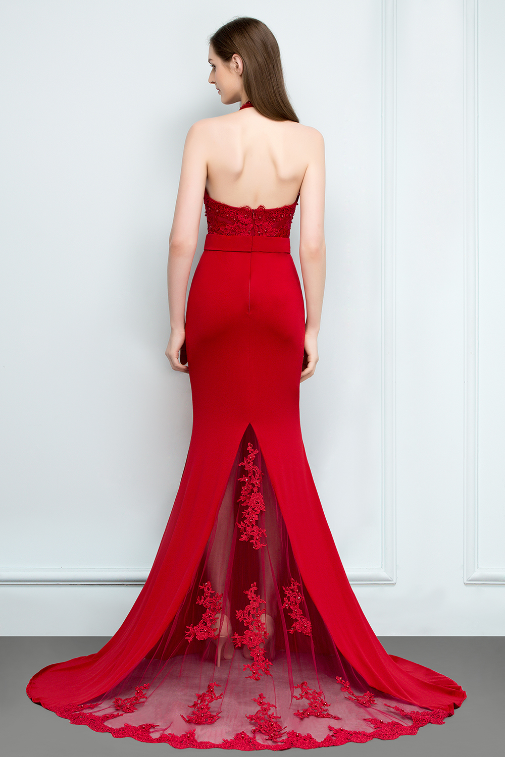 JOY | Mermaid Halter Floor Length Appliqued Beads Red Prom Dresses with Sash-newarrivaldress
