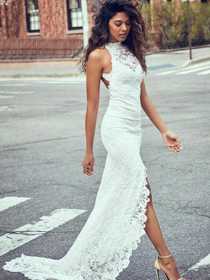 Lace Mermaid Bridal Gowns with Sweep Train | Sexy Sleeveless Halter Wedding Dresses