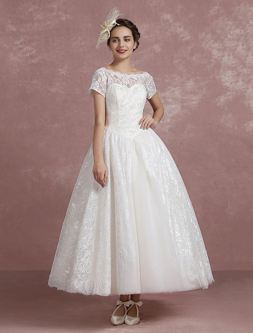 chinese dress ladies Vintage Floral Boho Lace Wedding Dress with Sleeves Modest Boat Neck Low-V Back Princess Bridal Gown White-Nude / 4 main image 1
