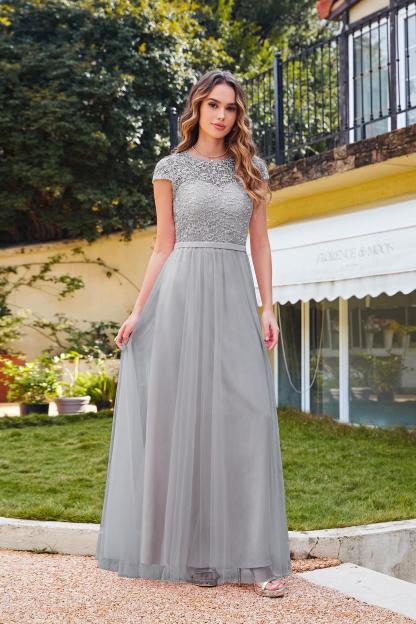 Chic Cap Sleeves Illusion Lace Aline Bridesmaid Dress Floor Length Chiffon Evening Dress-newarrivaldress