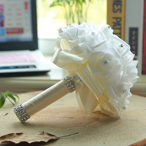 White Silk Wedding Bouquet with Colorful Handles | Newarrivaldress.com