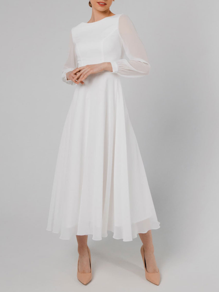 White A-Line Simple Wedding Dress Jewel Neck Long Sleeves Ankle-Length Zipper Chiffon Bridal Gowns-newarrivaldress