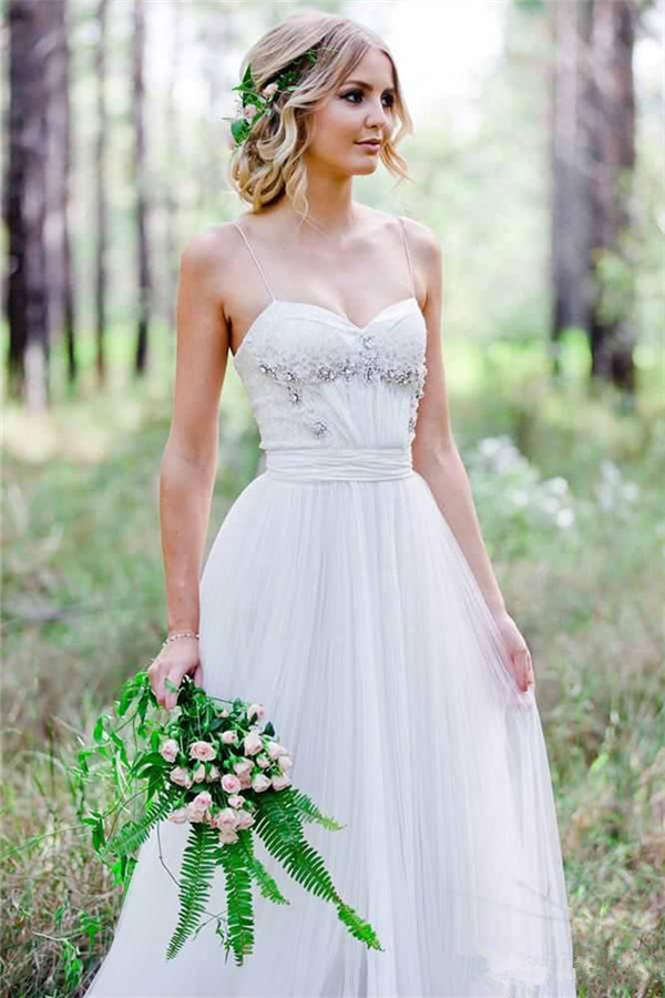 Tulle A-Line Custom Made Sexy Spaghetti Straps Beadings Simple Wedding Dresses-newarrivaldress