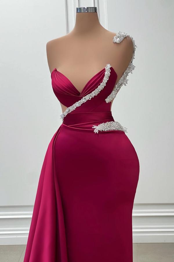 Charming Burgundy Ruched Satin Sheath Prom Dress Sparkly Crystals Bodycon Party Dress with Sweep Train-newarrivaldress