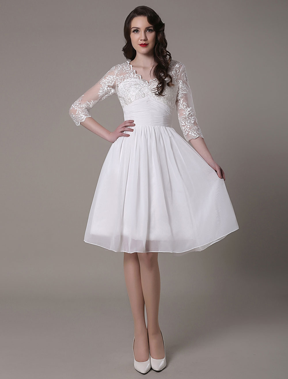 Simple Wedding Dressses Chiffon V Neck Lace A Linepleated Bridal Dress Exclusive-newarrivaldress