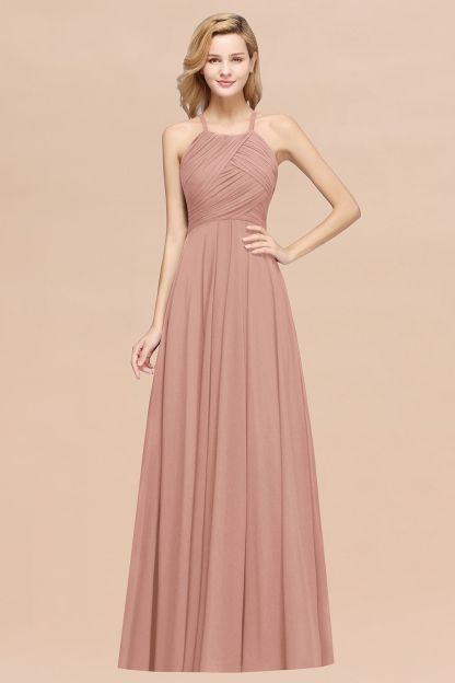Halter Pleated Bridesmaid Dress Chiffon Sleeveless Floor Length Wedding Guest Dress-newarrivaldress
