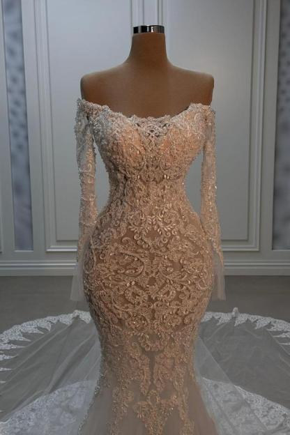 Gorgeous Long Sleeves Floral Lace Bridal Gown Off Shoulder Wedding Dress with Chapel Train-newarrivaldress