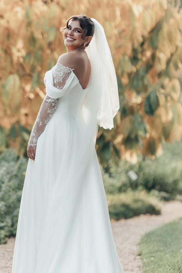 Off-the-Shoulder White Front Split Wedding Dress Ruffle Satin Lace Appliques Aline Bridal Dress-newarrivaldress