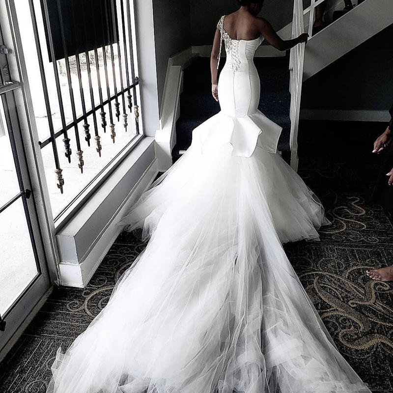 One Shoulder Sheer Tulle Wedding Dresses | Shiny Appliques Ruffles Bridal Gowns Online-newarrivaldress
