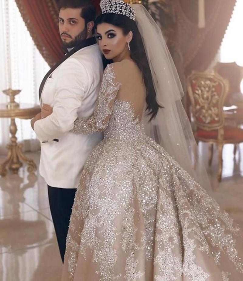 Sparkling Beads V-neck Crystal Ball Gown Wedding Dresses | Backless Sheer Tulle Long Sleeve Bridal Gowns-newarrivaldress