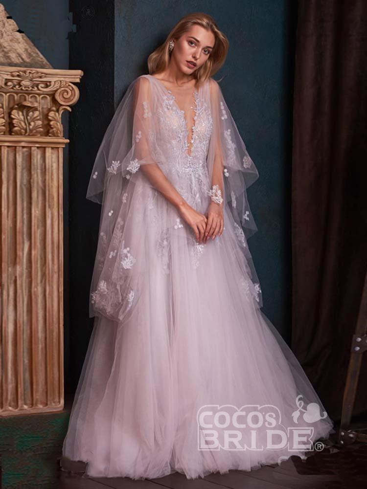 Romantic Deep V-Neck Aline Wedding Dress with Sweep Wrap-newarrivaldress