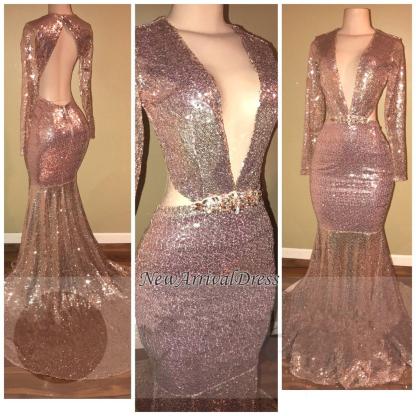 Open Back Mermaid Sequined Long Sleeve Evening Gowns | Gorgeous V-neck Prom Dresses-newarrivaldress