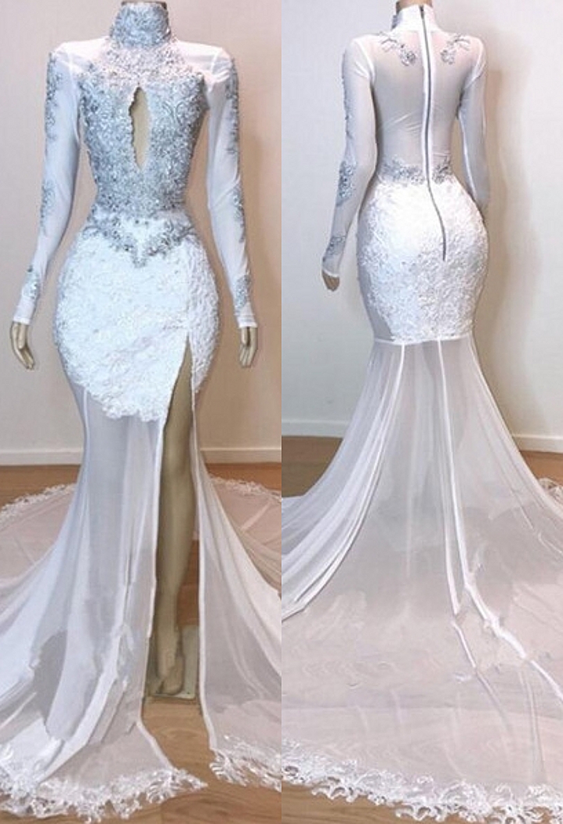 White Stunning Lace Long Sleeve Long Prom Dresses | New Arrival Sheer Tulle Slit Mermaid Evening Gowns-newarrivaldress