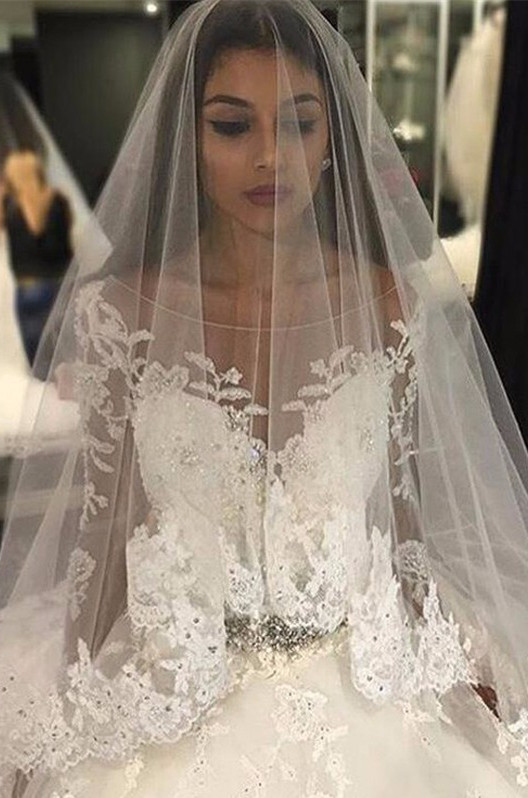 Luxury Tulle Long Sleeve Scoop Crystals Custom Made Wedding Dresses-newarrivaldress