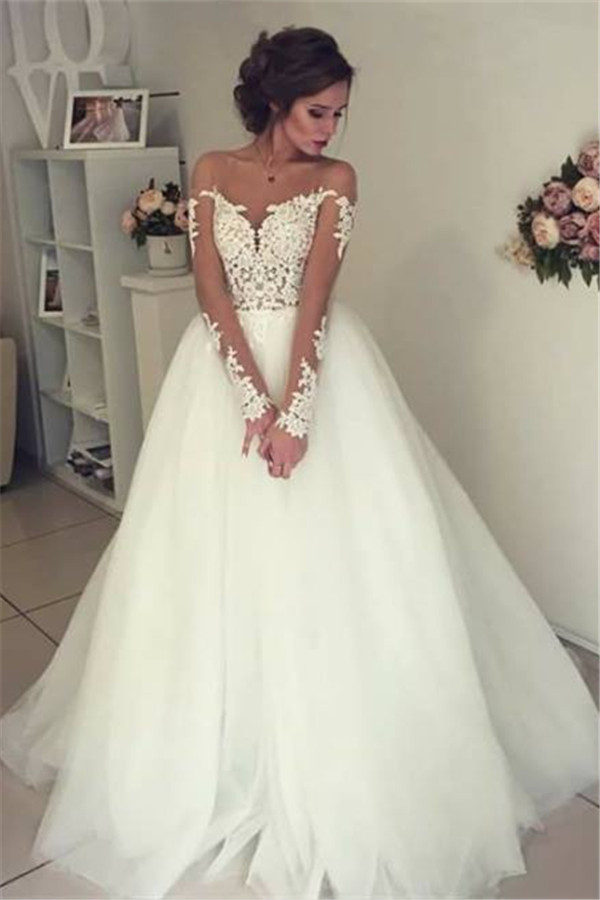 Sheer Long Sleeve Lace Wedding Dresses Open Back Tulle Ball Gown Bridal Dress-newarrivaldress