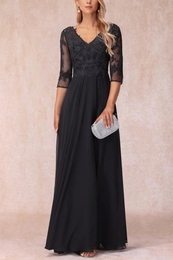 Half Sleeves Chffon Mother of the Bride Dress V-Neck Lace Appliques Wedding Formal Dress-newarrivaldress