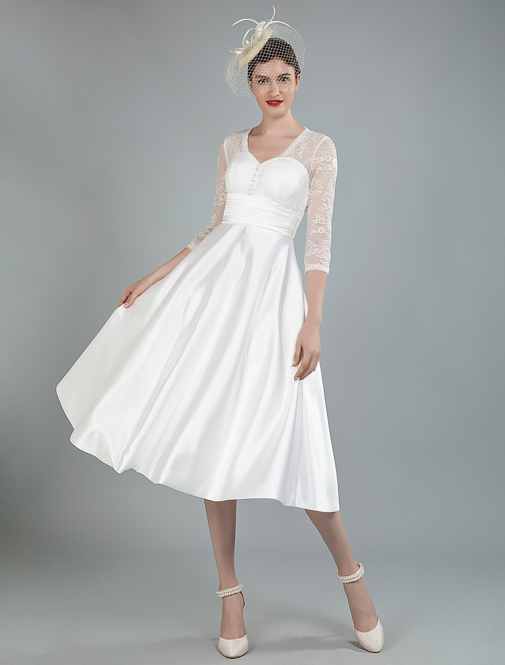 Short Wedding Dresses V Neck 3/4 Length Sleeves A Line Tea Length Traditional Bridal Dresses-newarrivaldress