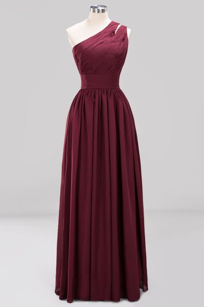 Elegant A-Line Burgundy Chiffon One-Shoulder Sleeveless Ruffles Floor-Length Bridesmaid Dresses-newarrivaldress