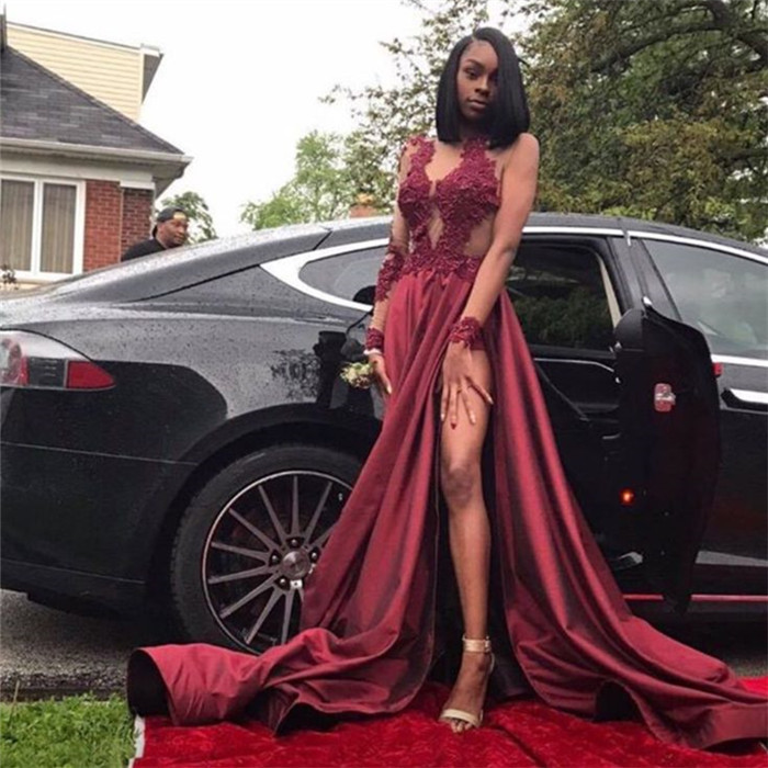 Burgundy Plus Size Long Sleeve Prom Dresses Appliques Side Slit Formal Dresses SK0107-newarrivaldress