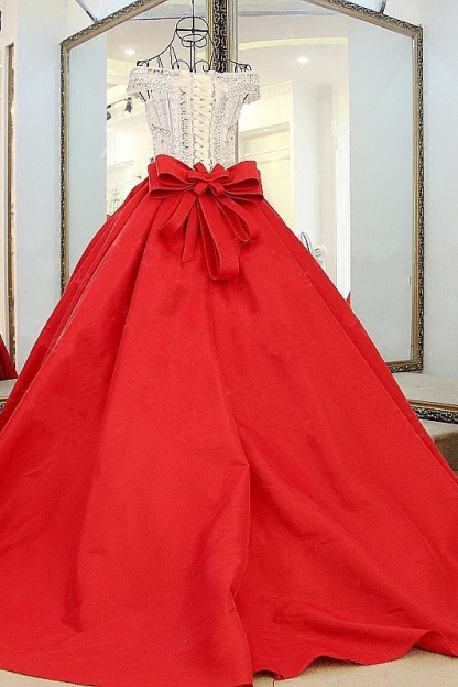 Popular Lace-up Appliques V-Neck Off-the-shoulder Ball Gown Evening Dress-newarrivaldress