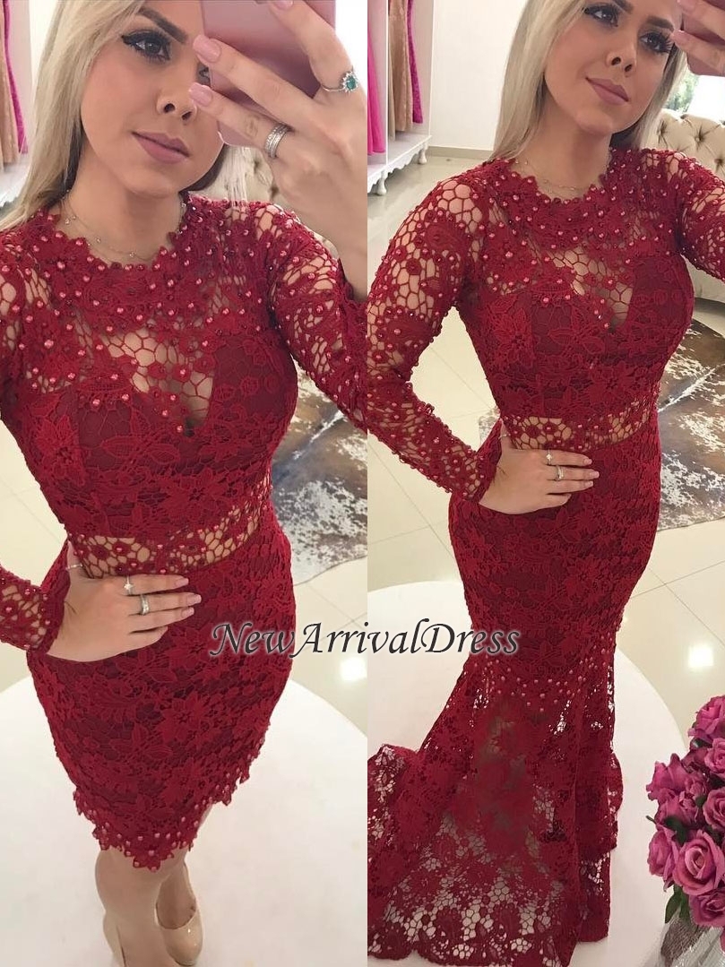 Jewel Pearls Sleeves Lace Luxury Mermaid Long Prom Dresses-newarrivaldress