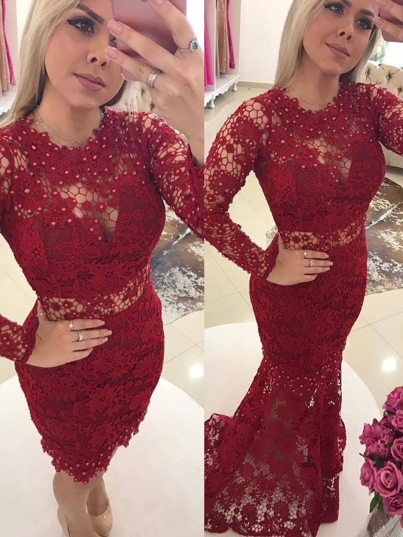 Jewel Pearls Sleeves Lace Luxury Mermaid Long Prom Dresses-newarrivaldress