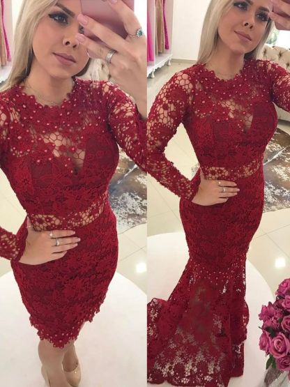 Jewel Pearls Sleeves Lace Luxury Mermaid Long Prom Dresses-newarrivaldress