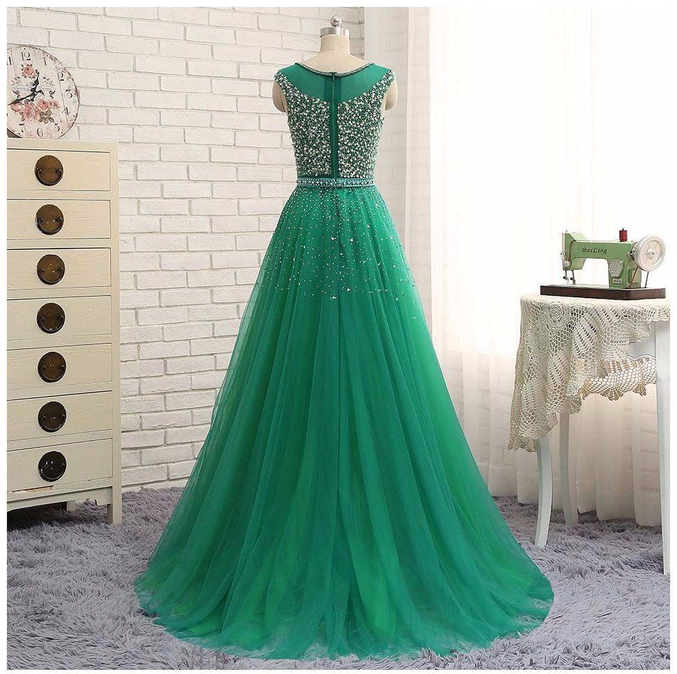Beaded Custom Made A-line Tulle Brilliant Scoop Sleeveless Green Long Prom Dresses-newarrivaldress