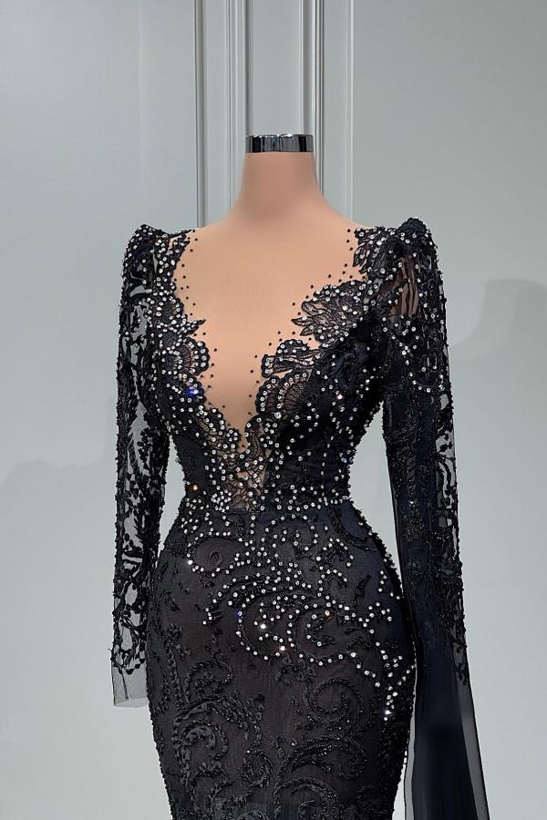 Stylish Black Aline Mermaid Evening Dress Deep V-Neck Beadings Long Sleeves Prom Dress-newarrivaldress
