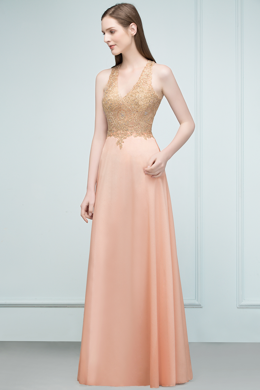 JULIETA | A-line Floor Length V-neck Sleeveless Appliques Chiffon Prom Dresses-newarrivaldress