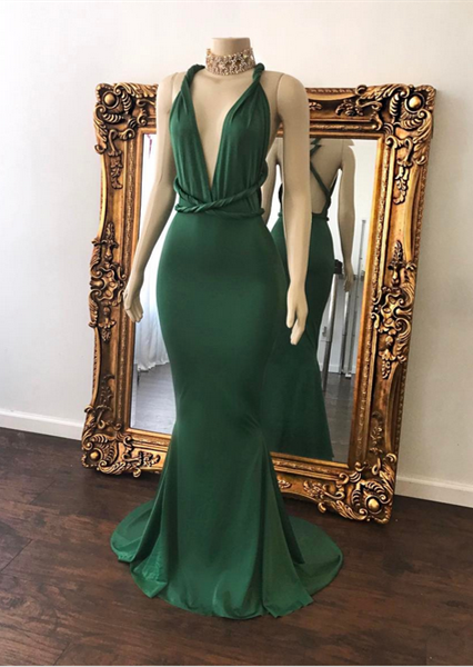 Sexy V-Neck Green Cris-cross Open Back Beautiful Mermaid Floor Length Evening Dresses-newarrivaldress