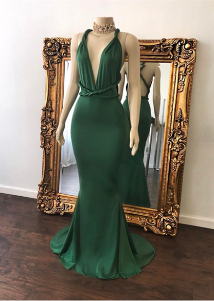 Sexy V-Neck Green Cris-cross Open Back Beautiful Mermaid Floor Length Evening Dresses-newarrivaldress